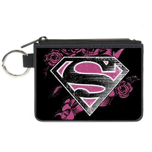 Canvas Zipper Wallet - MINI X-SMALL - Superman Shield4/Roses Weathered Black/White/Pinks Canvas Zipper Wallets DC Comics   