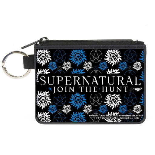 Canvas Zipper Wallet - MINI X-SMALL - SUPERNATURAL-JOIN THE HUNT Icons Scattered Black Blues White Canvas Zipper Wallets Supernatural   