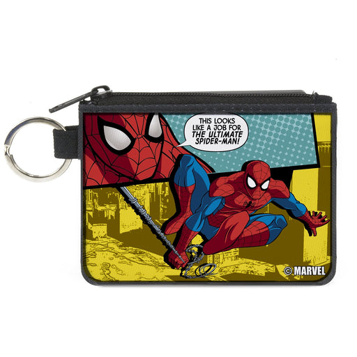 MARVEL UNIVERSE  
Canvas Zipper Wallet - MINI X-SMALL - Spider-Man Face/Action Pose Quote Bubble THIS LOOKS LIKE A JOB FOR THE ULTIMATE SPIDER-MAN! Teals/Yellows Canvas Zipper Wallets Marvel Comics   