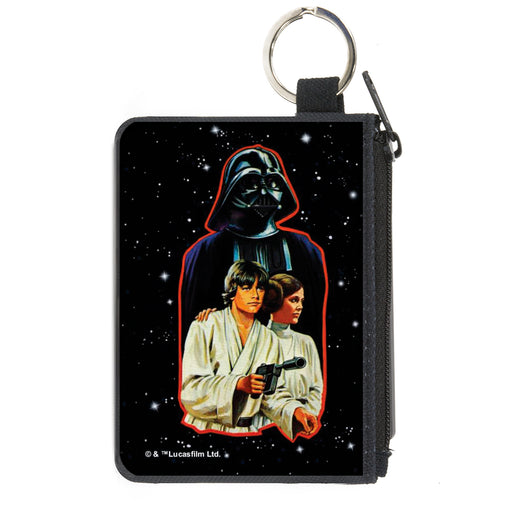 Canvas Zipper Wallet - MINI X-SMALL - Star Wars Vintage Darth Vader, Luke Skywalker and Princess Leia Pose with Stars Black/White Canvas Zipper Wallets Star Wars   