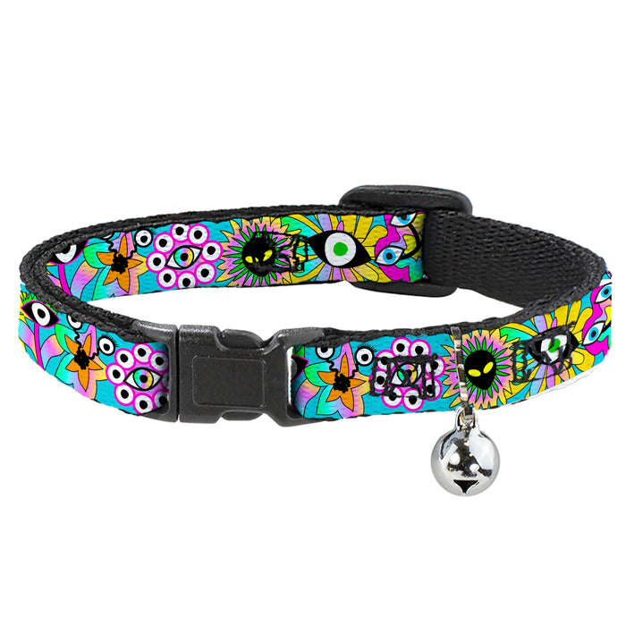 Breakaway Cat Collar with Bell - Funky Alien Flowers Aqua Blue/Multi Color Breakaway Cat Collars Buckle-Down   