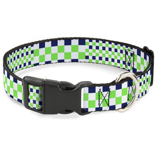 Plastic Clip Collar - Checker Blocks White/Navy/Neon Green Plastic Clip Collars Buckle-Down   