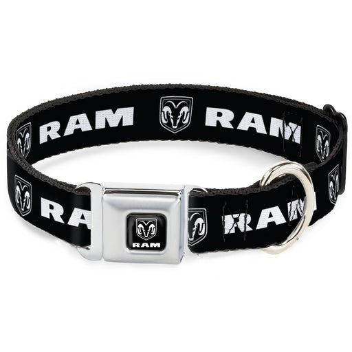 Ram Shield Logo Full Color Black/White Seatbelt Buckle Collar - RAM Shield Logo/Bold Text Black/White Seatbelt Buckle Collars Dodge   