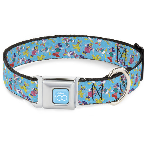 Disney 100 Years Logo Full Color Blue/White Seatbelt Buckle Collar - Disney 100 Mickey and Friends Poses Scattered Blue Seatbelt Buckle Collars Disney   