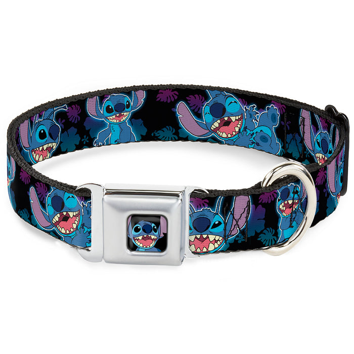 Stitch Smiling CLOSE-UP Full Color Seatbelt Buckle Collar - Stitch 2-Expressions/2-Poses Tropical Flora Black/Purple-Blue Fade Seatbelt Buckle Collars Disney   