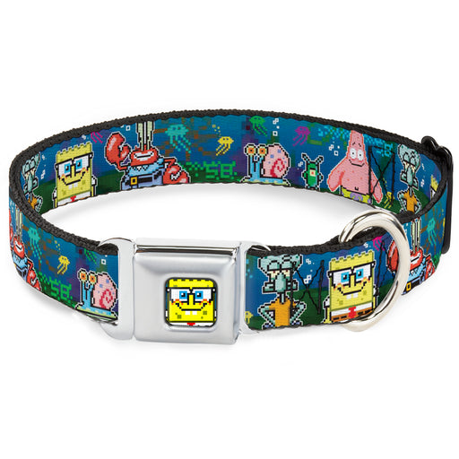 Pixelated SpongeBob Nerd Pose Full Color Blue Seatbelt Buckle Collar - SpongeBob & Friends 8-Bit Scene Seatbelt Buckle Collars Nickelodeon   