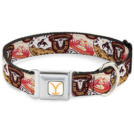 Yellowstone Y Logo Full Color White/Yellow Seatbelt Buckle Collar - Yellowstone Patches Stacked Browns/Reds/Yellows Seatbelt Buckle Collars Paramount Network   