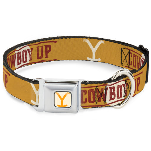 Yellowstone Y Logo Weathered Full Color White/Yellow Seatbelt Buckle Collar - Yellowstone Y Logo COWBOY UP Text Yellow/Red/White Seatbelt Buckle Collars Paramount Network   
