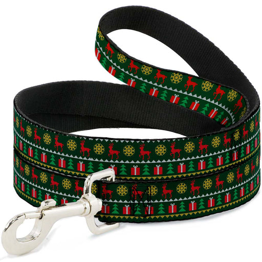 Dog Leash - Christmas Sweater Stitch Green White Gold Red Dog Leashes Buckle-Down   