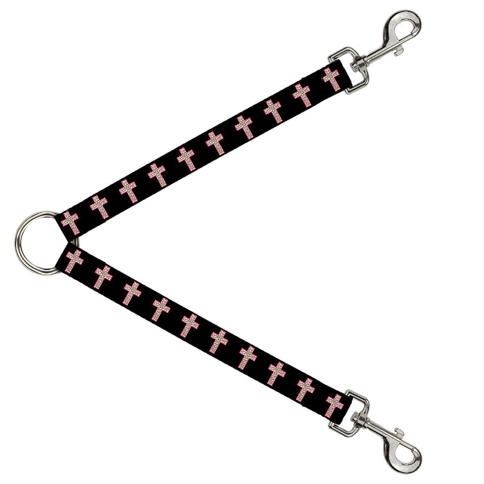 Dog Leash Splitter - Cross Repeat Black/Leopard Brown/Pink Outline Dog Leash Splitters Buckle-Down   