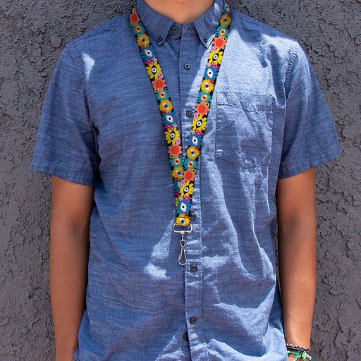 Lanyard - 1.0" - Funky Eye Flowers Black/Multi Color Lanyards Buckle-Down   