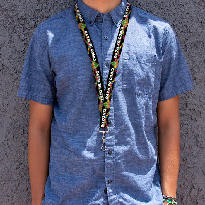 Lanyard - 1.0" - CINCO DE MAYO Cactus/Papel Picado Black/White/Multi Color Lanyards Buckle-Down   