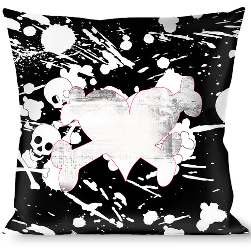 Buckle-Down Throw Pillow - Heart & Cross Bones w/Skulls & Splatter Black/White Throw Pillows Buckle-Down   
