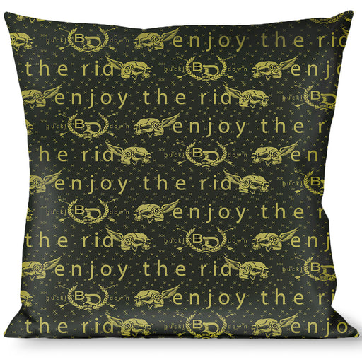 Buckle-Down Throw Pillow - BD Winged Skull ENJOY THE RIDE Olive/Lime Green Throw Pillows Buckle-Down   