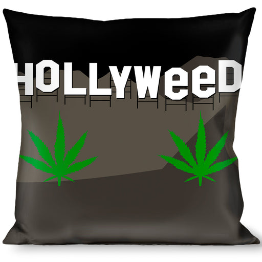 Buckle-Down Throw Pillow - HOLLYWEED Sign Skyline/Pot Leaf Black/Grays/White/Green Throw Pillows Buckle-Down   