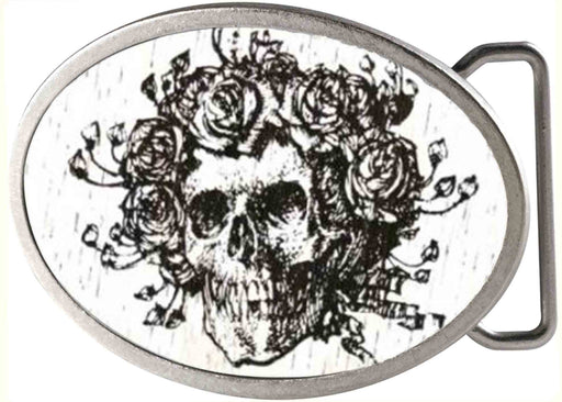 Skull & Roses GW White - Matte Oval Rock Star Buckle Belt Buckles Grateful Dead   