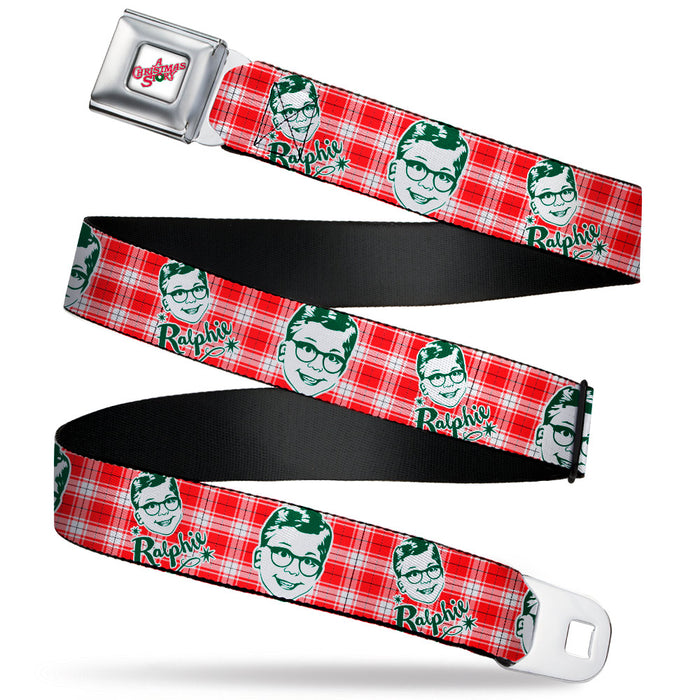 A CHRISTMAS STORY Wreath Logo Full Color White Seatbelt Belt - A Christmas Story RALPHIE Smiling Face Plaid Red/White/Green Webbing Seatbelt Belts Warner Bros. Holiday Movies   
