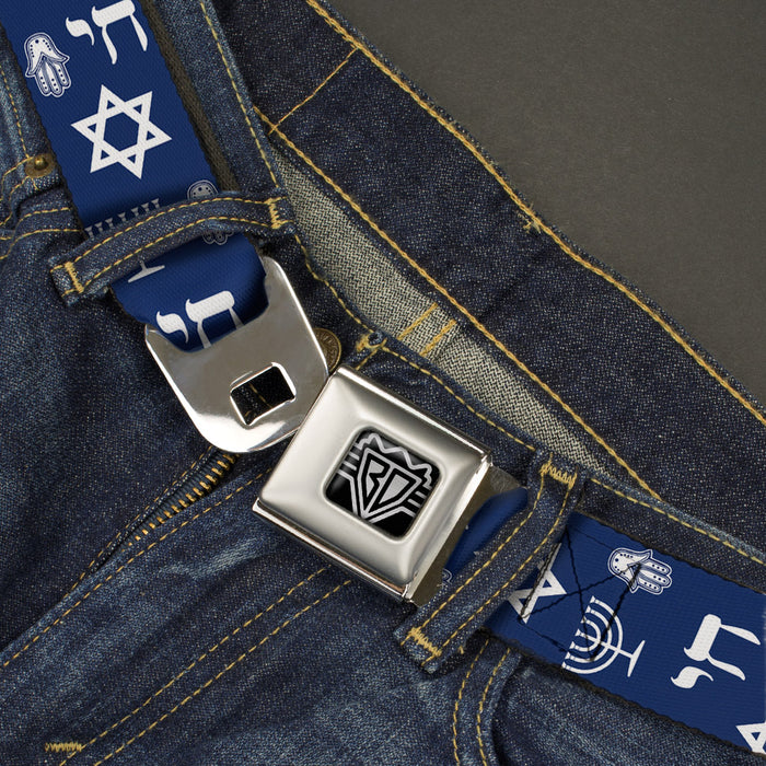 BD Wings Logo CLOSE-UP Full Color Black Silver Seatbelt Belt - Jewish Symbols-4 Blue/White Webbing Seatbelt Belts Buckle-Down   