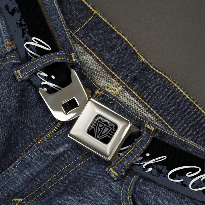 BD Wings Logo CLOSE-UP Black/Silver Seatbelt Belt - VAIL, CO Script/Mountains Black/Gray/White Webbing Seatbelt Belts Buckle-Down   