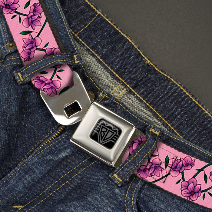 BD Wings Logo CLOSE-UP Black/Silver Seatbelt Belt - Floral Chain Pink Webbing Seatbelt Belts Buckle-Down   