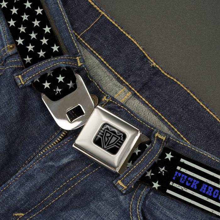 BD Wings Logo CLOSE-UP Black/Silver Seatbelt Belt - FAFO FUCK AROUND AND FIND OUT Thin Blue Line Flag Webbing Seatbelt Belts Buckle-Down   