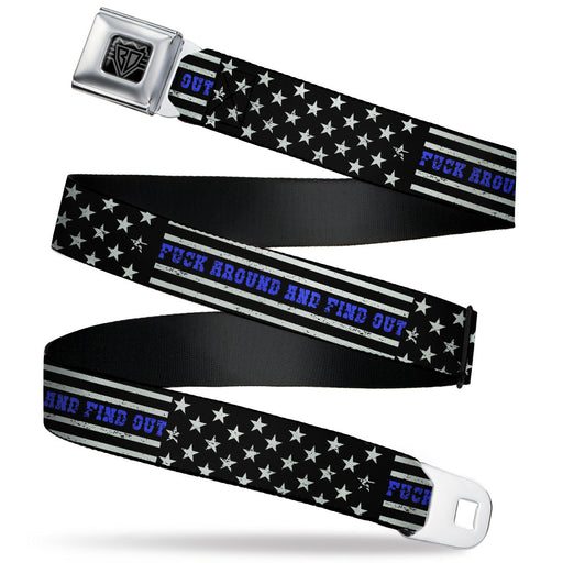 BD Wings Logo CLOSE-UP Black/Silver Seatbelt Belt - FAFO FUCK AROUND AND FIND OUT Thin Blue Line Flag Webbing Seatbelt Belts Buckle-Down   