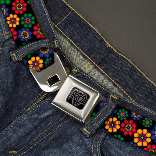 BD Wings Logo CLOSE-UP Black/Silver Seatbelt Belt - Psychedelic Daisies Black/Multi Color Webbing Seatbelt Belts Buckle-Down   