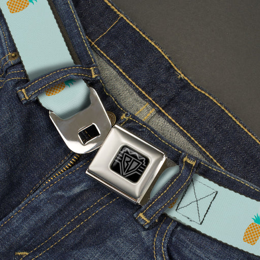 BD Wings Logo CLOSE-UP Black/Silver Seatbelt Belt - Pineapple Repeat Aqua Blue Webbing Seatbelt Belts Buckle-Down   