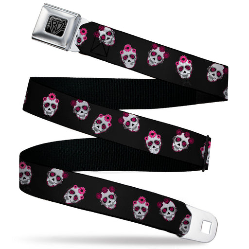 BD Wings Logo CLOSE-UP Black/Silver Seatbelt Belt - Staggered Sugar Skulls Black/Pink/White Webbing Seatbelt Belts Buckle-Down   
