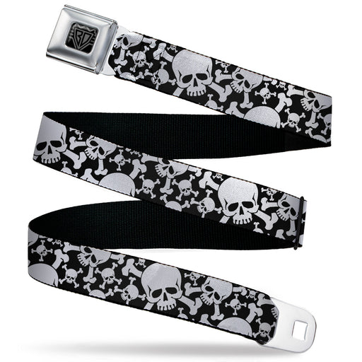 BD Wings Logo CLOSE-UP Black/Silver Seatbelt Belt - Top Skulls CLOSE-UP Stacked Black/White Webbing Seatbelt Belts Buckle-Down   