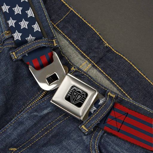 BD Wings Logo CLOSE-UP Black/Silver Seatbelt Belt - Stars & Stripes2 Blue/White/Red Webbing Seatbelt Belts Buckle-Down   