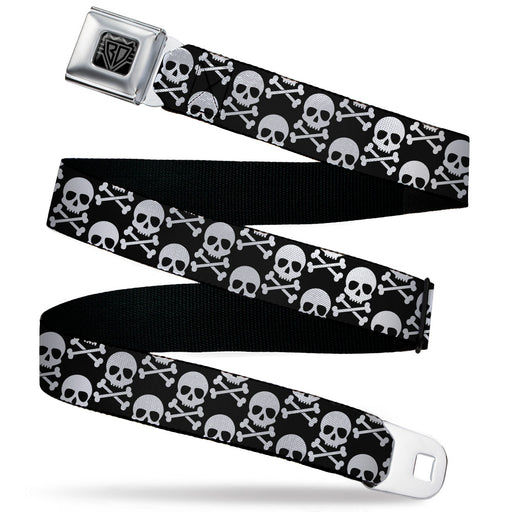 BD Wings Logo CLOSE-UP Black/Silver Seatbelt Belt - Skull & Cross Bones Staggered Black/White Webbing Seatbelt Belts Buckle-Down   