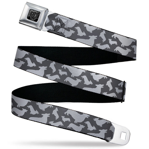 BD Wings Logo CLOSE-UP Black/Silver Seatbelt Belt - Corgi Silhouette Poses Grays Webbing Seatbelt Belts Buckle-Down   