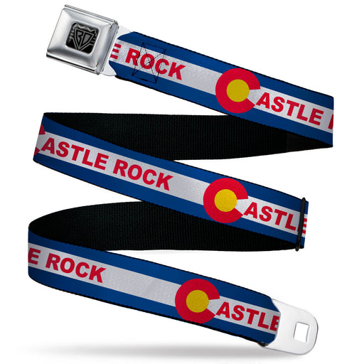 BD Wings Logo CLOSE-UP Black/Silver Seatbelt Belt - Colorado CASTLE ROCK Flag Blue/White/Red/Yellows Webbing Seatbelt Belts Buckle-Down   