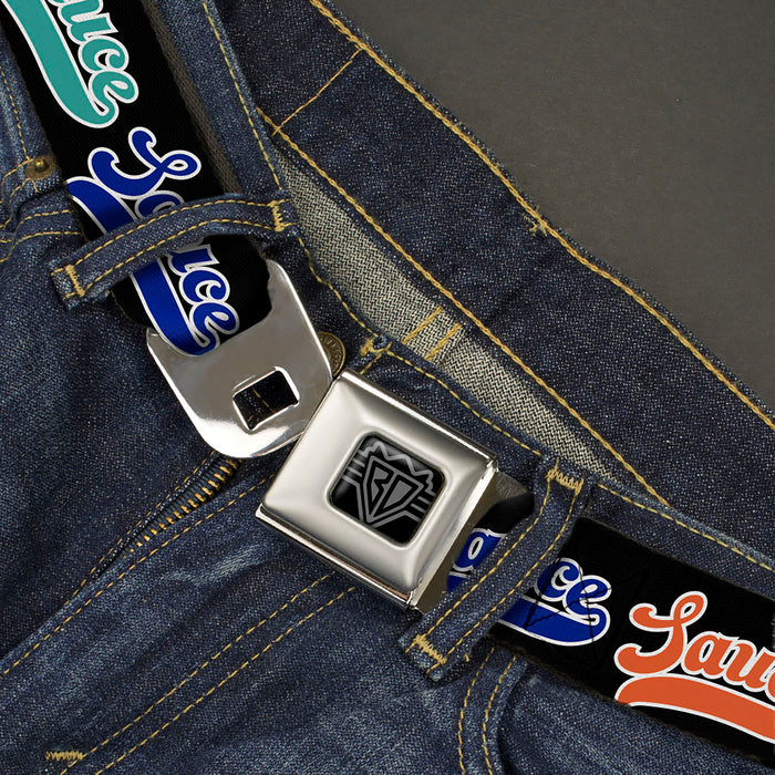 BD Wings Logo CLOSE-UP Black/Silver Seatbelt Belt - SAUCE Baseball Script Black/Multi Color Webbing Seatbelt Belts Buckle-Down   