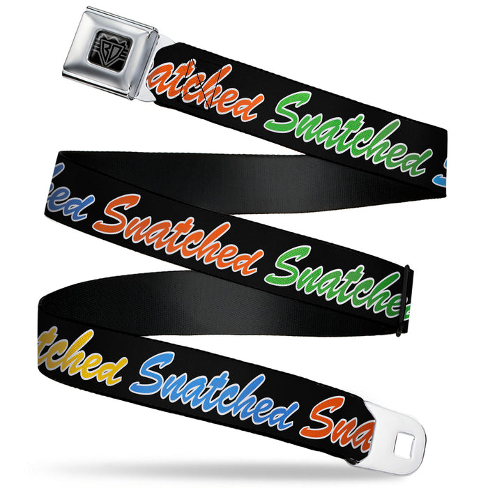 BD Wings Logo CLOSE-UP Black/Silver Seatbelt Belt - SNATCHED Script Black/Multi Color Webbing Seatbelt Belts Buckle-Down   