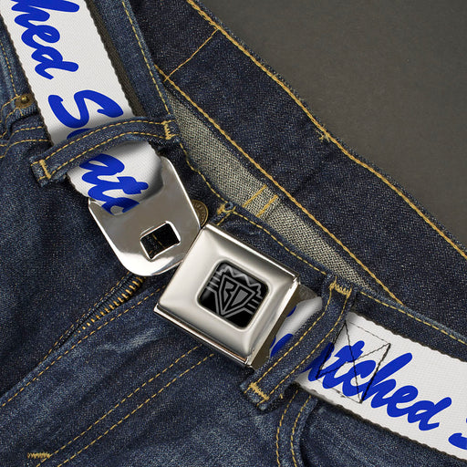 BD Wings Logo CLOSE-UP Black/Silver Seatbelt Belt - SNATCHED Script  White/Blue Webbing Seatbelt Belts Buckle-Down   