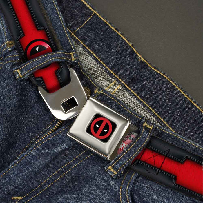 MARVEL DEADPOOL Deadpool Logo CLOSE-UP Full Color Black Red White Seatbelt Belt - Deadpool Utility Belt Logo/Pockets Black/Reds/Browns Webbing Seatbelt Belts Marvel Comics   