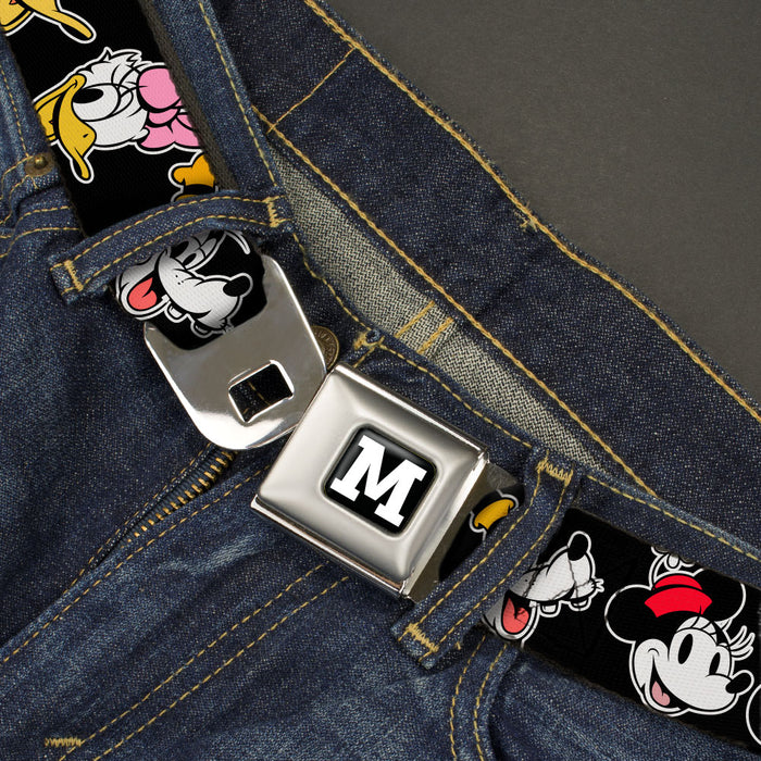 Mickey Mouse "M" Logo Full Color Black/White Seatbelt Belt - Disney The Sensational Six Smiling Faces Black Webbing Seatbelt Belts Disney   