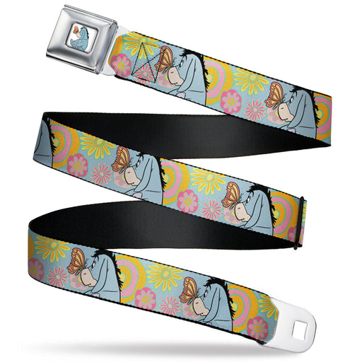 Winnie the Pooh Eeyore Butterfly Pose Full Color White Seatbelt Belt - Winnie the Pooh Eeyore Butterfly Pose Floral Collage Blue/Pinks/Yellows Webbing Seatbelt Belts Disney   