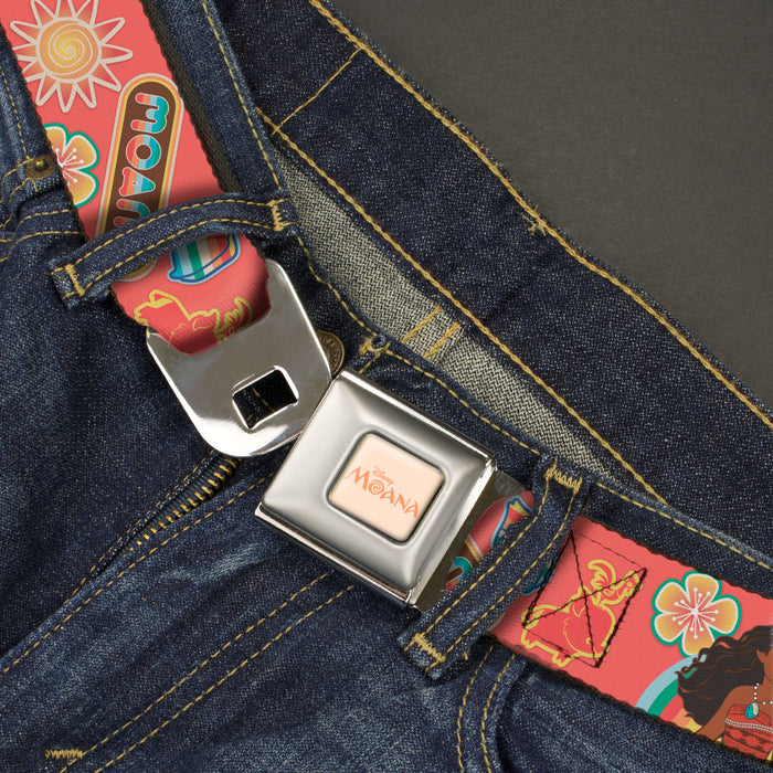 MOANA Title Logo Full Color Beige/Coral Seatbelt Belt - Moana Pose and Icons Collage Pink Webbing Seatbelt Belts Disney   