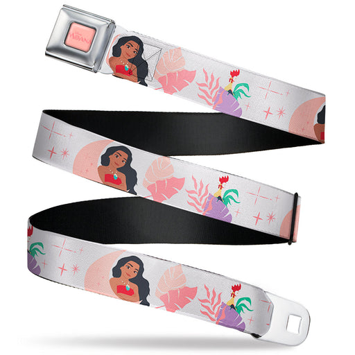MOANA Title Logo Full Color Pinks Seatbelt Belt - Moana and Hei Hei Poses with Flowers Beige/Orange Webbing Seatbelt Belts Disney   