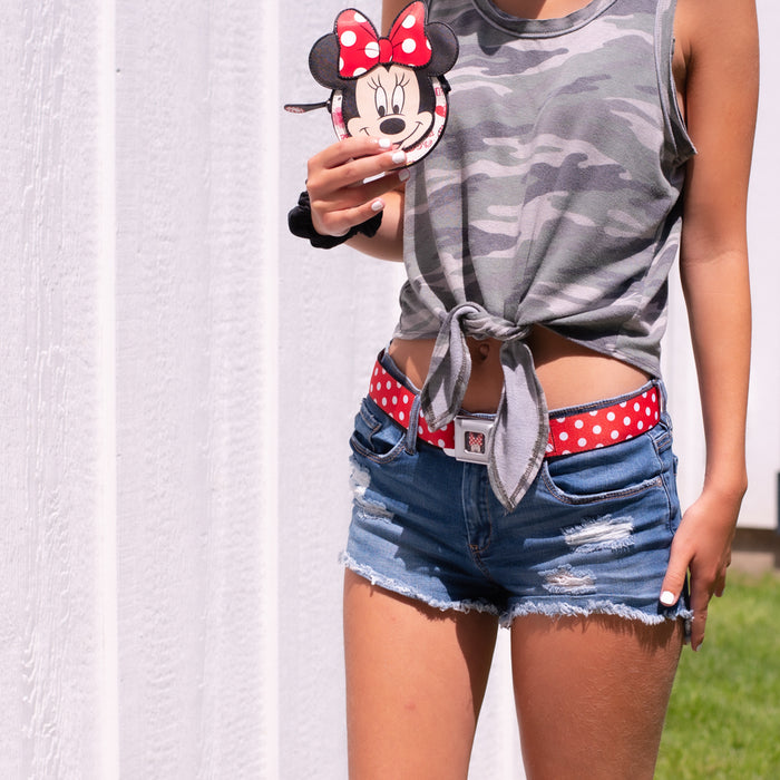 Minnie Mouse w Bow CLOSE-UP Full Color Black Red White Seatbelt Belt - Minnie Mouse Polka Dots Red/White Webbing Seatbelt Belts Disney   