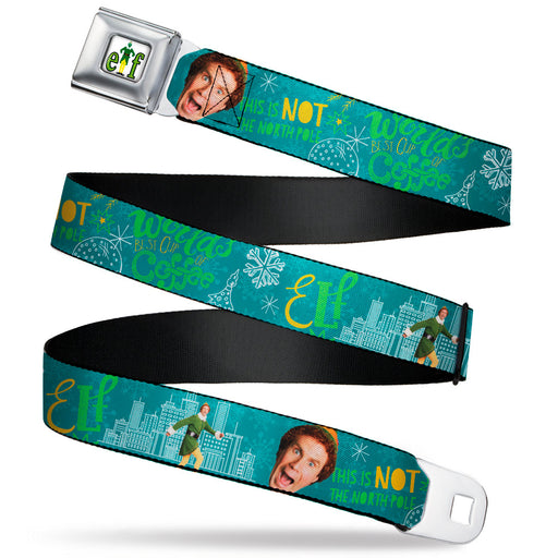ELF Buddy the Elf Logo Full Color White/Greens/Yellow Seatbelt Belt - Elf Buddy the Elf Poses and Quotes Collage Blue/Green/White Webbing Seatbelt Belts Warner Bros. Holiday Movies   