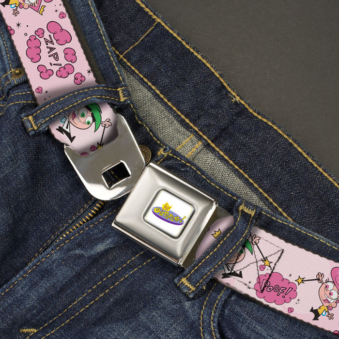 THE FAIRLY ODDPARENTS Logo Full Color White Seatbelt Belt - The Fairly OddParents Cosmo and Wanda Wish Poses Pink Webbing Seatbelt Belts Nickelodeon   