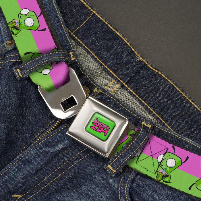 INVADER ZIM Title Logo Full Color Green/Pinks Seatbelt Belt - Invader Zim GIR Drinking Pose Stripe Purple/Green Webbing Seatbelt Belts Nickelodeon   