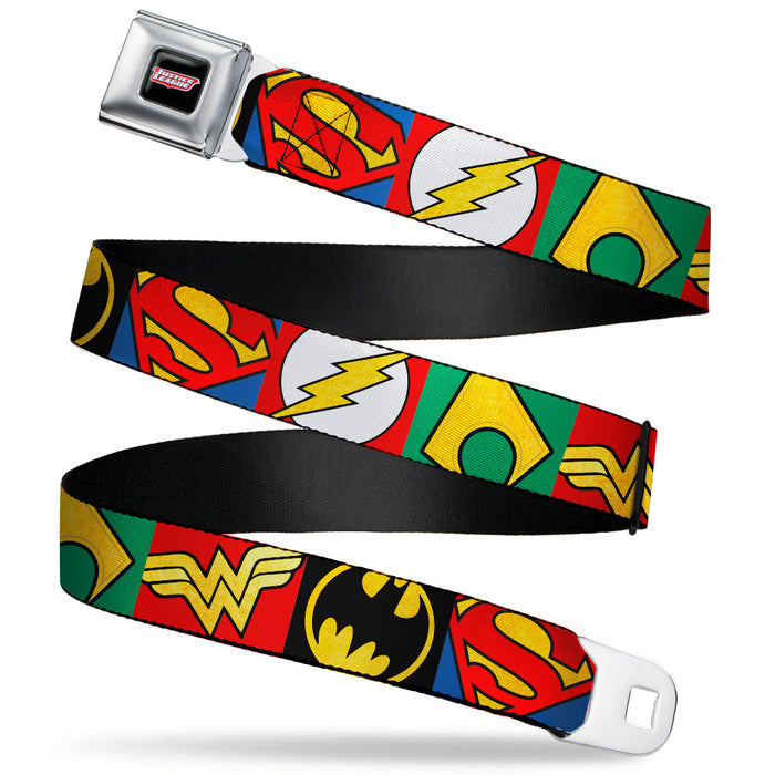 JUSTICE LEAGUE Shield Full Color Black/White/Red Seatbelt Belt - Justice League 5-Superhero Textured Logo CLOSE-UP Blocks Webbing Seatbelt Belts DC Comics   