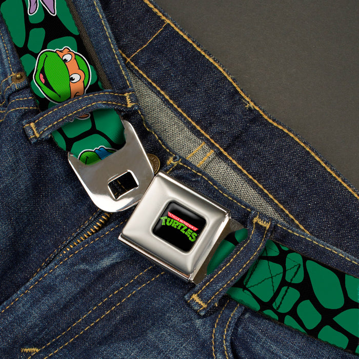 Classic TMNT Logo Full Color Seatbelt Belt - Classic TEENAGE MUTANT NINJA TURTLES Turtle Faces Black/Green Turtle Shell Webbing Seatbelt Belts Nickelodeon   
