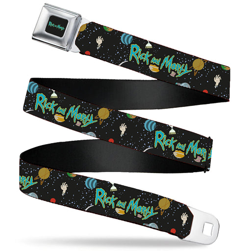 RICK AND MORTY Text Logo Full Color Black/Blue Seatbelt Belt - RICK AND MORTY Title Logo Space Black Webbing Seatbelt Belts Rick and Morty   