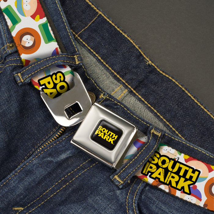SOUTH PARK Title Logo Full Color Black/Yellow Seatbelt Belt - SOUTH PARK Title Logo and Characters Scattered White Webbing Seatbelt Belts Comedy Central   